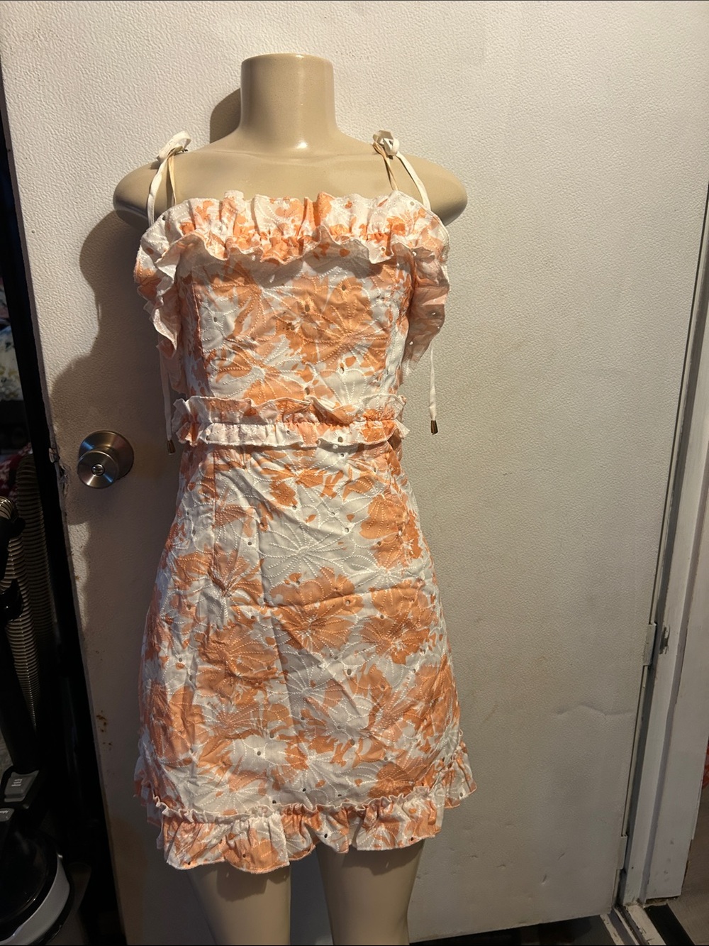 Simplee Apparel White and Peach Floral Ruffle Tie-Strap Mini Dress
